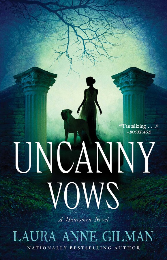 cover for Uncanny Vows: a woman silhouetted against an eerie green background, with a giant hound at her side